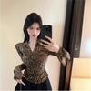 Retro Spice Girl Lazy Wind Premium Leopard Print Split Long Sleeve Top Trendy Foreign Sexy V-Neck Bottom Shirt Female Autumn