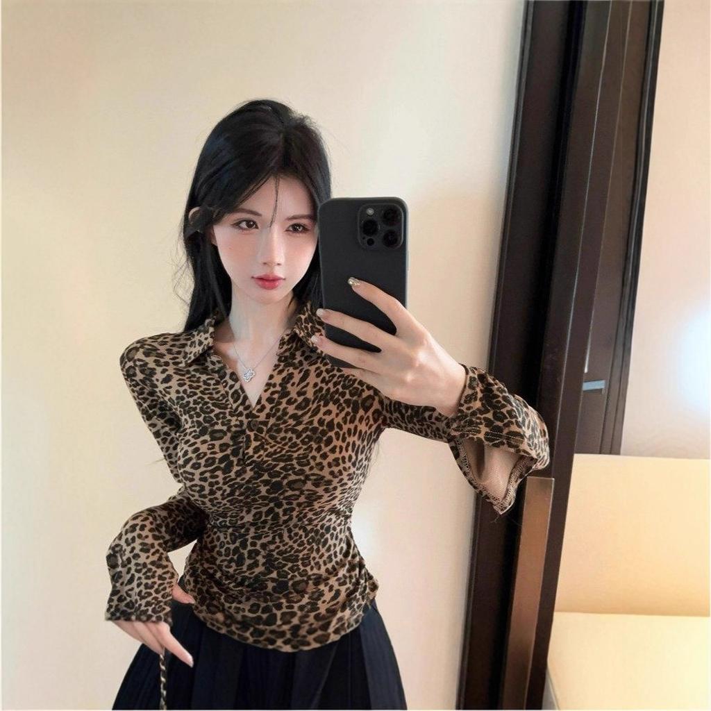 Retro Spice Girl Lazy Wind Premium Leopard Print Split Long Sleeve Top Trendy Foreign Sexy V-Neck Bottom Shirt Female Autumn