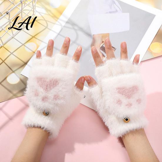 Convertible Mittens for Women Furry Cat Paw Thermal Gloves Flip Top Mitten with Button Women Winter Comfortable Indoor Outdoor Gloves Plush