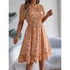 2026 Spring/Summer New Floral Print Square Neck Short Sleeve Waist-Cinching Ruffle Hem Women's A-Line Dress