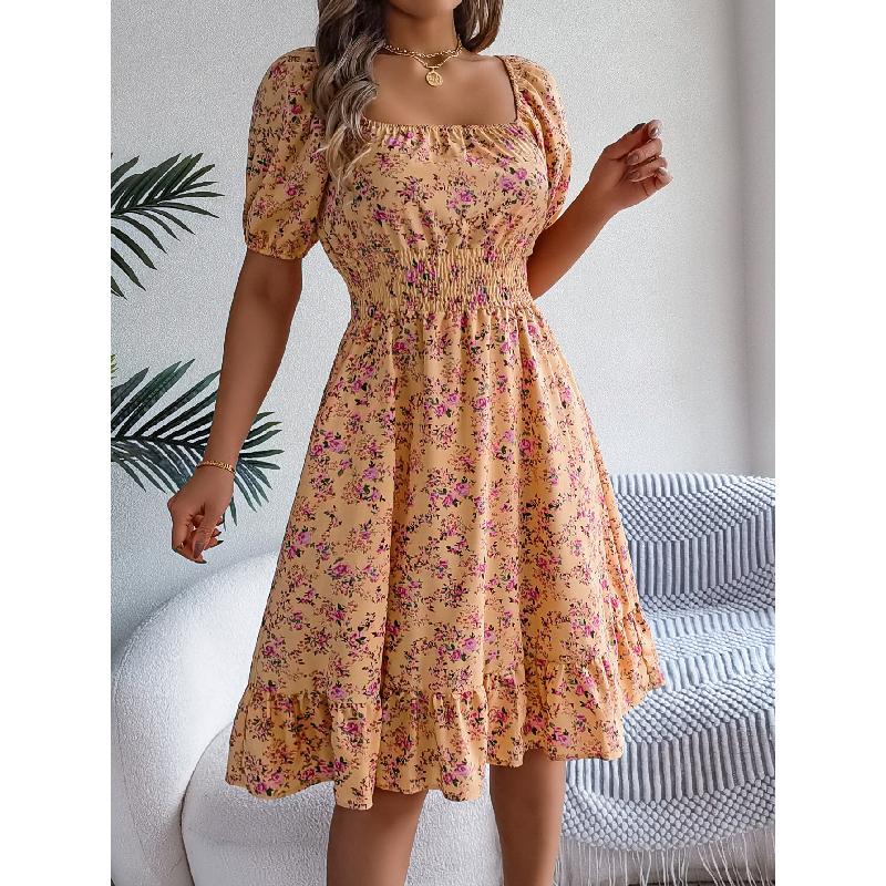 2026 Spring/Summer New Floral Print Square Neck Short Sleeve Waist-Cinching Ruffle Hem Women's A-Line Dress