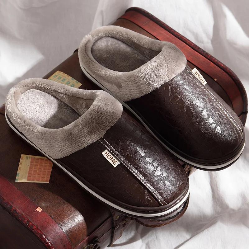 Fashion Men's Home Winter Indoor Slippers Warm Shoes Thick Bottom Plush Waterproof Leather House Man Slippers Cotton Flat Couple Shoes