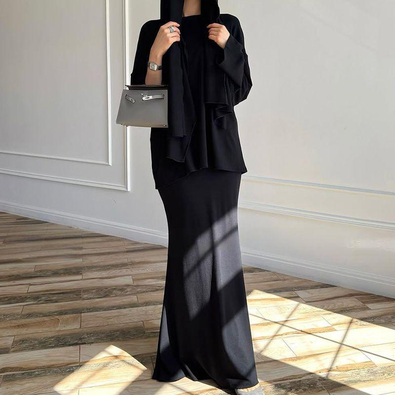

2025 Spring New Arrival Cross-Border Middle East Wear Headscarf Foreign Trade Women s Clothing Long Sleeves Solid Skirt Long Skirt Fashion Suit Black S