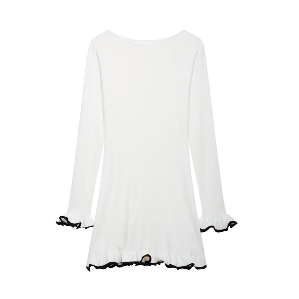 

Весеннее облегающее женское платье 2025 - С оборками, с закатанным краем, с круглым вырезом, с длинным рукавом, сексуальная мода Medium белый