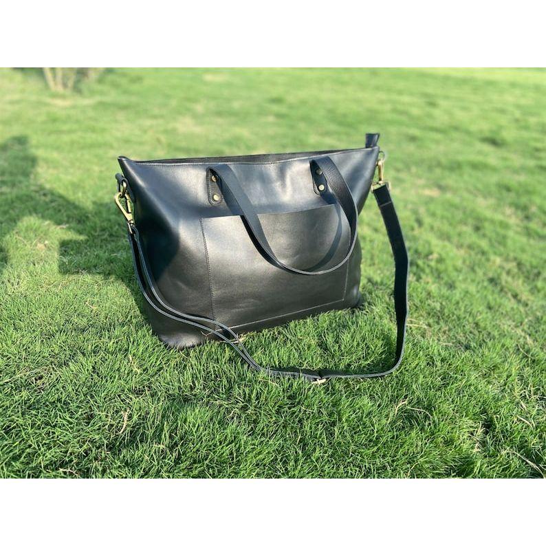 Black Leather Tote Purse Bag for Women Large Work Bag Tote Laptop Teachers Tote Ladies Handbag Gifts for Her Full Grain Leather