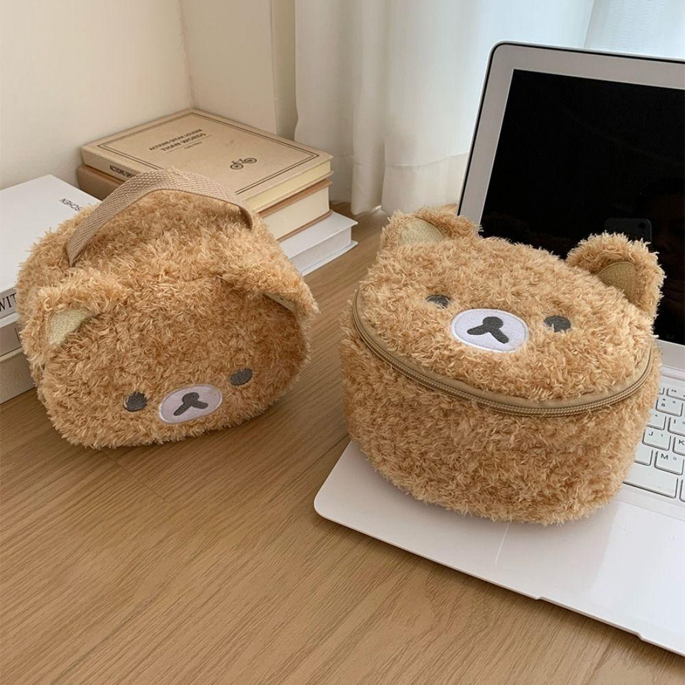 Large Capacity Bear Cosmetic Storage Bag Built In Partition Large Opening Mouth Makeup Pouch Portable Handle