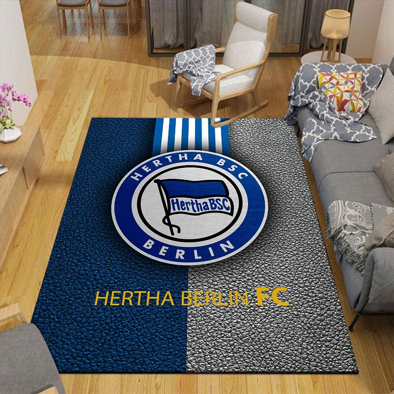 Hertha Logo Flannel Printed Carpet, Home Sofa Decoration for Living Room & Bedroom, Non‑Slip Play Flannel Floor Mat for Game Room