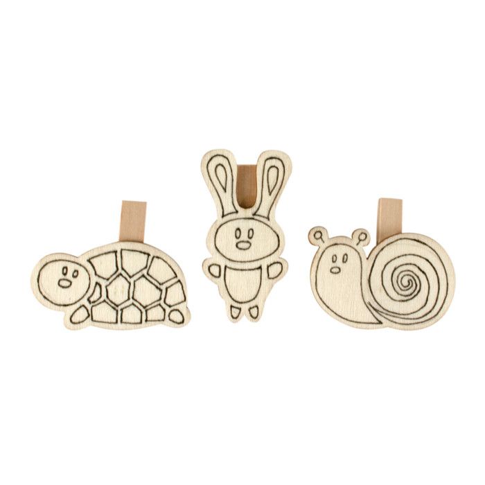 Pinces en bois prédessinées tortue lapin escargot 4 pièces