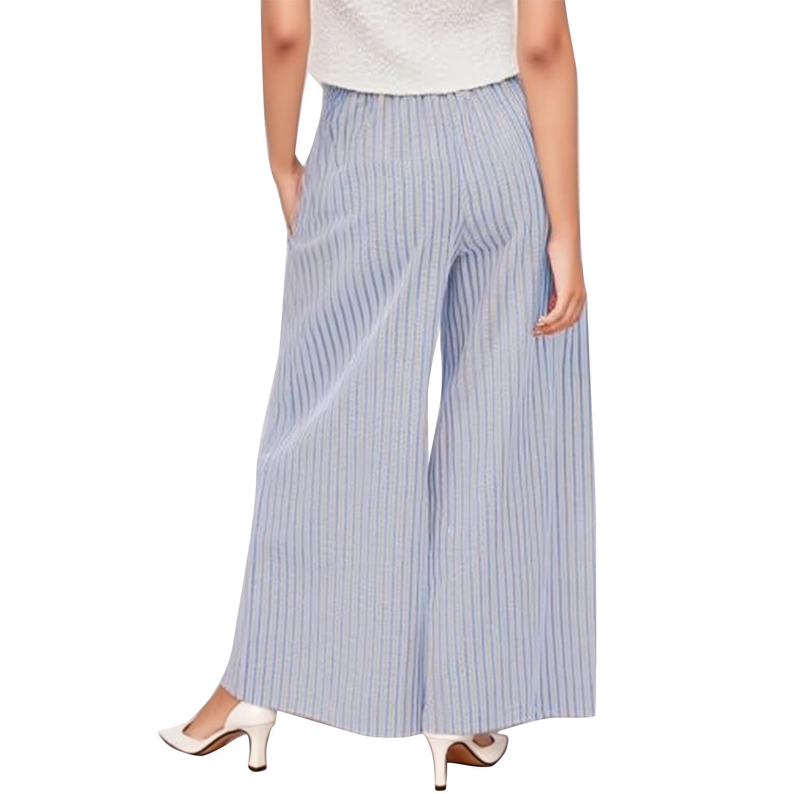 

Women s Wide Leg Pants Drawstring Striped Cotton Mid Casual Long Palazzo Trousers With Pockets XL синий