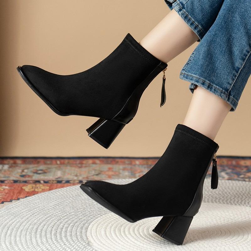 Fashion Block Heel Suede Mid Heel Skinny Square Toe Booties New Winter New Back Zip High Heel Stretch Boots