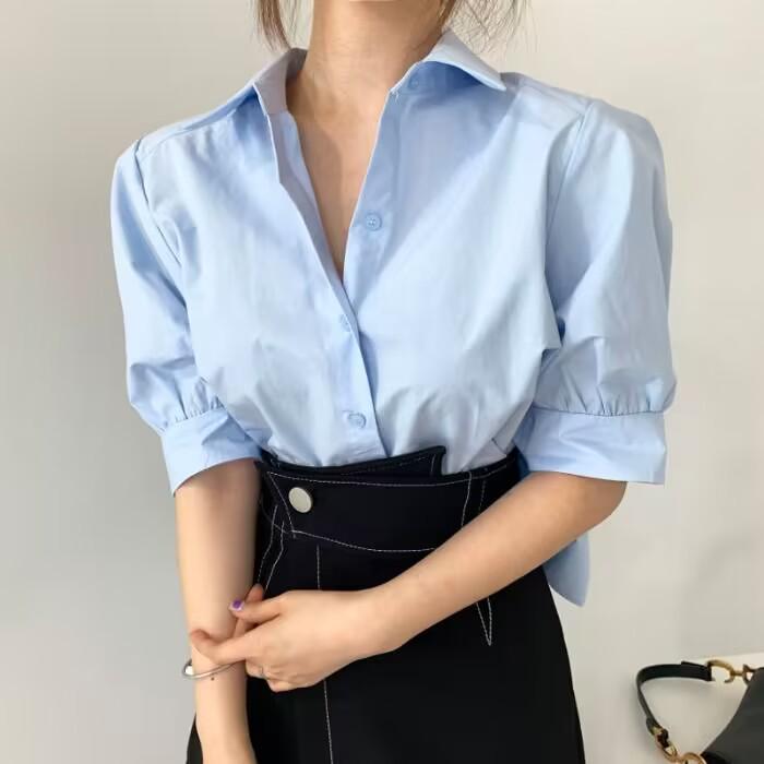 

Women s Summer 2024 Korean Pleated Short-Sleeve Top Small світло-синій колір
