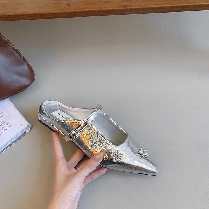 Fashion New Spring French Rhinestone Mary Jane Half Slippers Block Heel Women's Shoes Baotou Cold Slippers Korean Edition Single Shoes