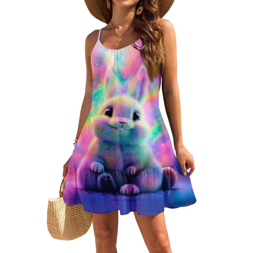 Robe décontractée élégante sans manches à bretelles ample pour femme avec imprimé plage et Pâques