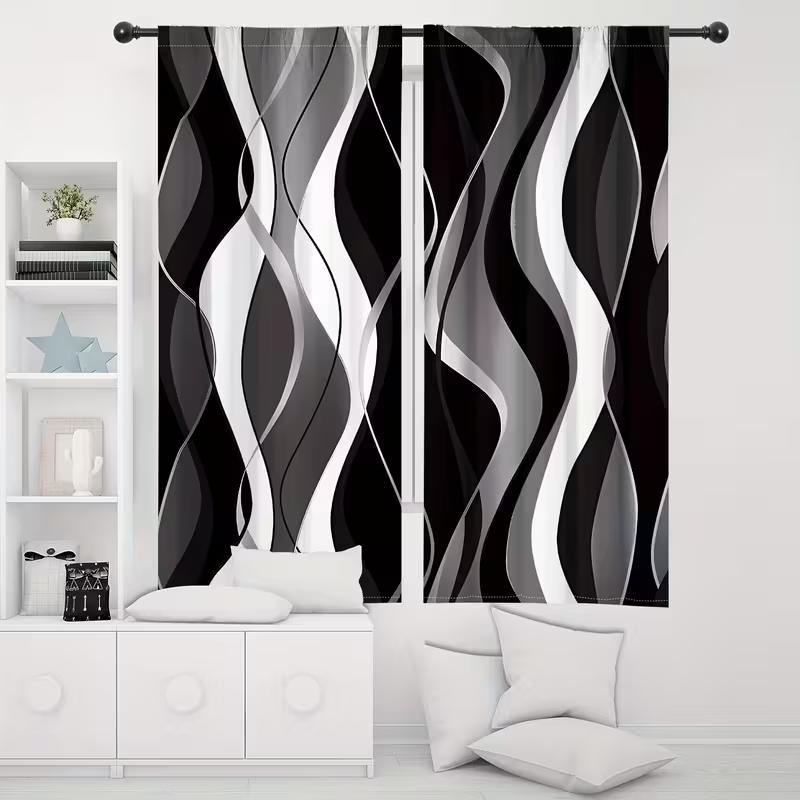 2pcs Black and White Wave Patterned Curtains   Design for Living Room Bedroom Modern Home Window Decoration   Rod Pocket Curtains