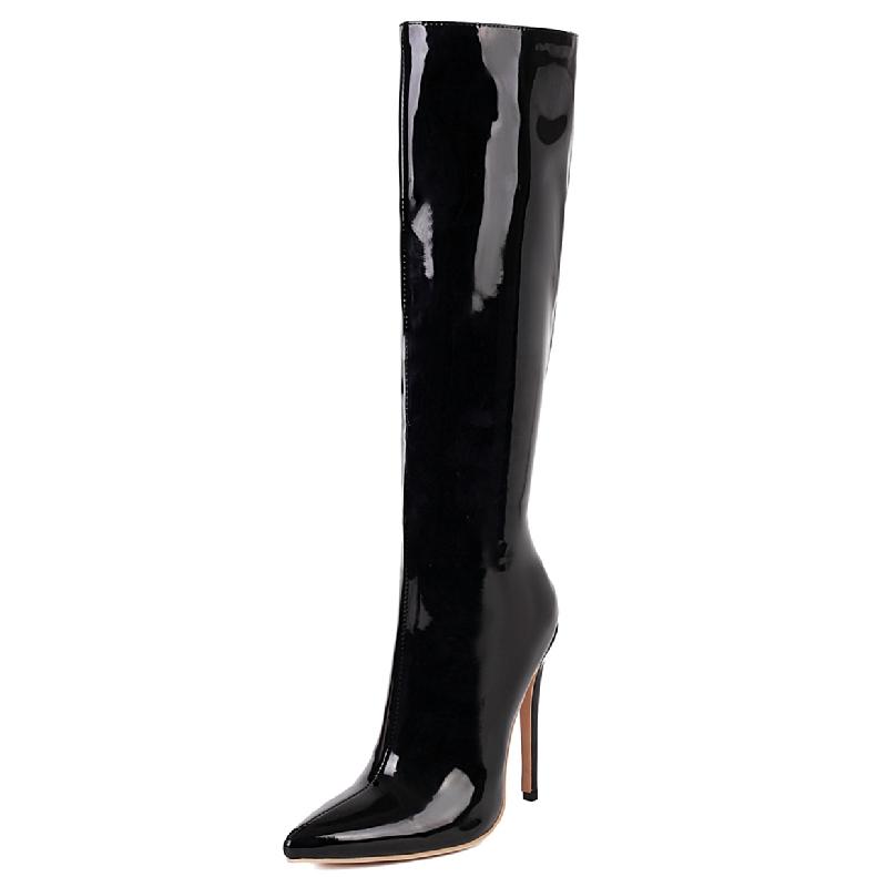 Point Toe Knee High Boots Zipper Autumn Winter Women's High Boots Patent Leather Long Thigh Dance Fetish Shoes Lady Large Size
