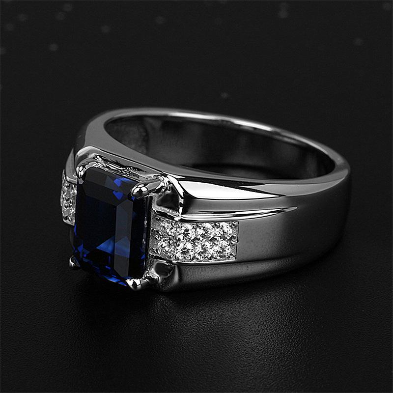 Sapphire Blue Zircon Men's Rectangular Diamond Ring: Stylish Business Trend