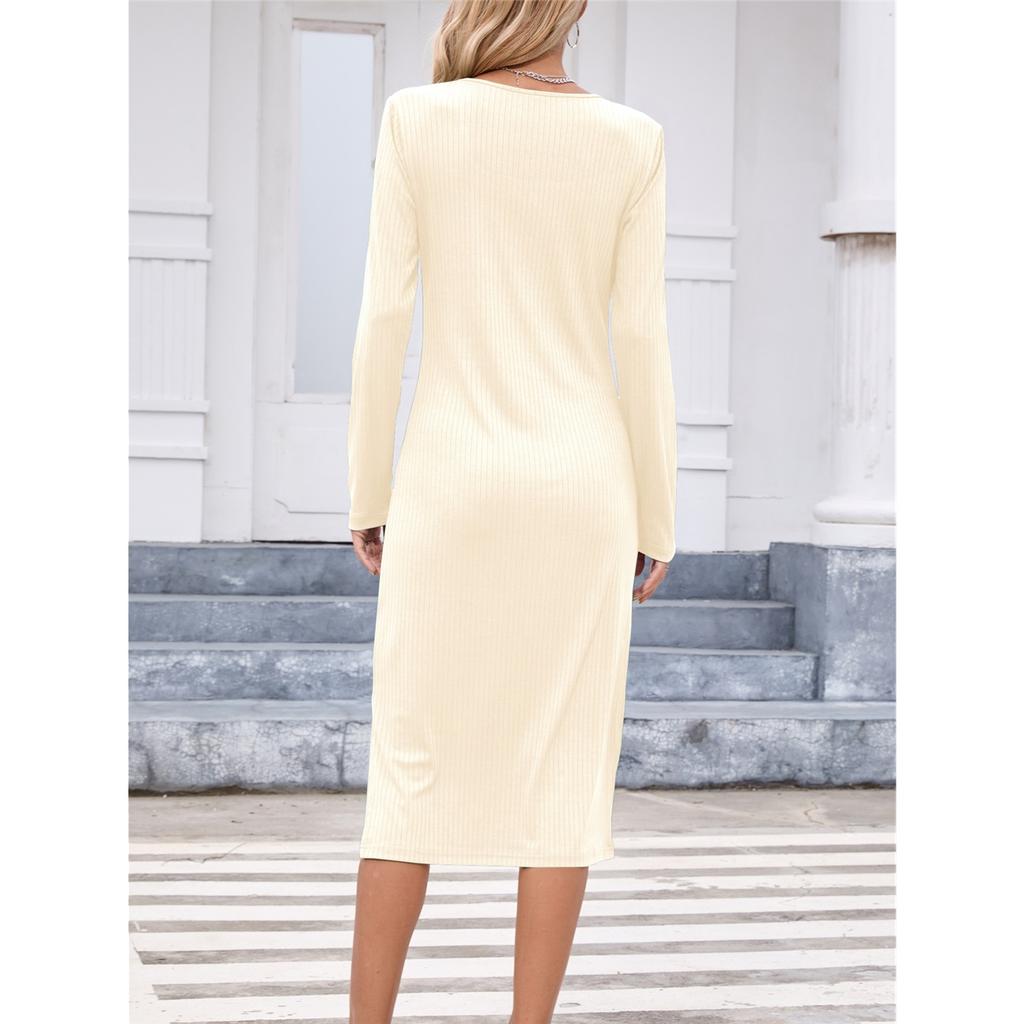 Women's Solid Color Long Sleeve Square Neck Slim and Elegant Long Dress