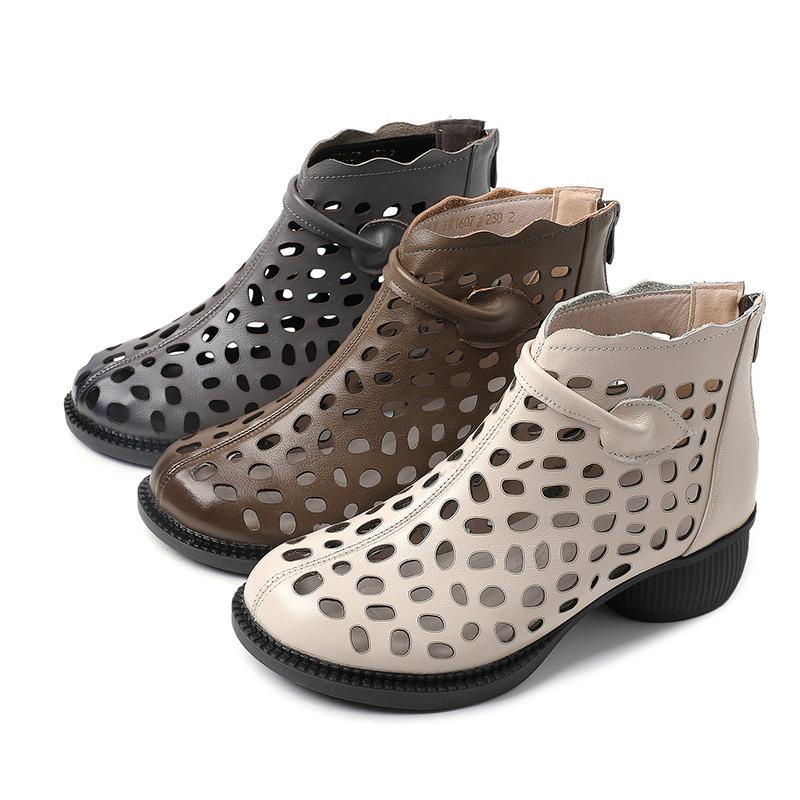 Mode GKTINOO 2025 Sommer Stiefeletten Echtes Leder Schuhe Damen Mittelhohe Absätze Sandalen Reißverschluss hinten Stiefel Ausgeschnitten Atmungsaktiv Mujer Zapatos