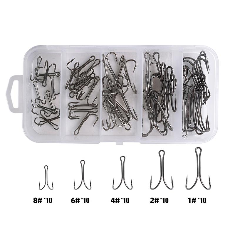 50Pcs/Box Mix Treble Fishing Hooks Kit Treble Hooks Fishhook For Artificial Hard Bait Bass Trout Saltwater Triple Fishing Hooks