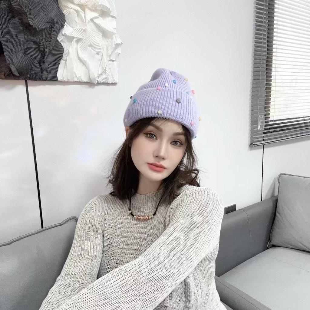New Rabbit Hair Handmade Colorful Pearl Wool Hat Men and Women Outdoor Warm Personality Street Knitted Head Cold Hat