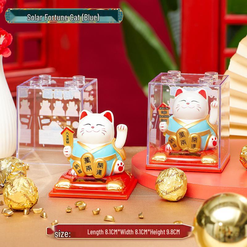 335 New Small Solar Waving Lucky Cat Ornament for Cake, Home, or Car Decoration
