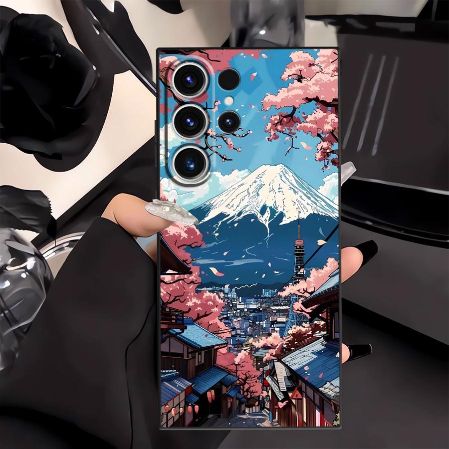 Japanese Ancient House Painting Case for Samsung Galaxy S23 Ultra S25 Edge S24 Plus S20 S21 FE Black Soft Phone Cover