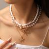 European & American Beach Style Starfish & Seashell Pendant Layered Necklace with Imitation Pearl Beads for Women