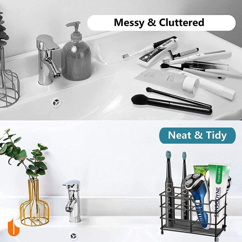 Stable Stainless Steel Toothbrush Holder Black/Silver Bathroom Countertop Storage Rack  Countertops