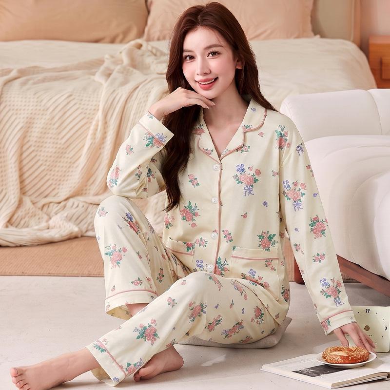 Fashion sweet printed pajamas women's spring and autumn imitation cotton long-sleeved loungewear large size comfortable mother suit