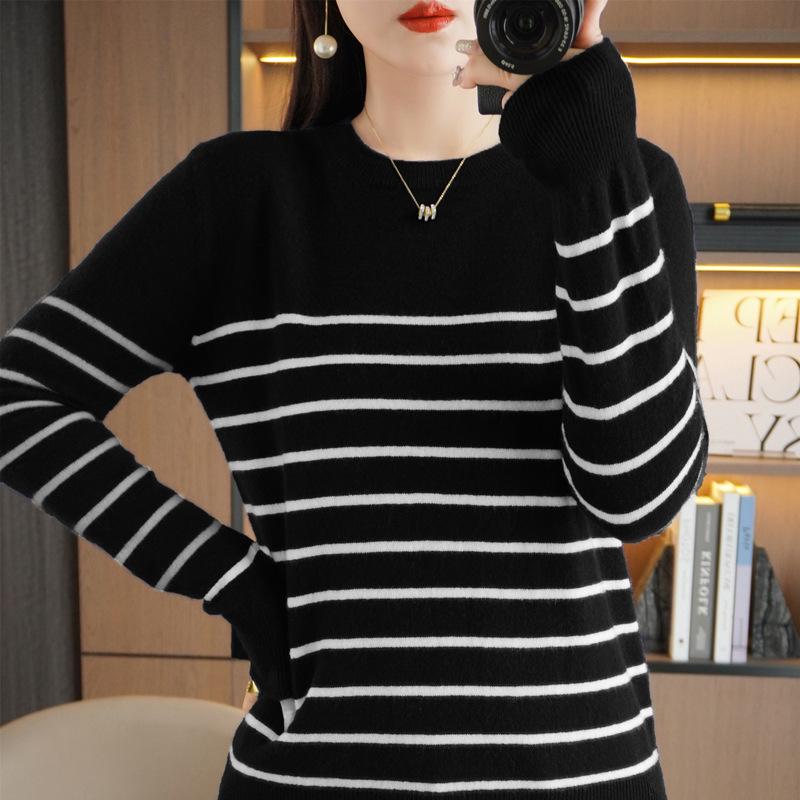 Women's Designer Striped Wool Knit Sweater - Contrasting Colors, Round Neck