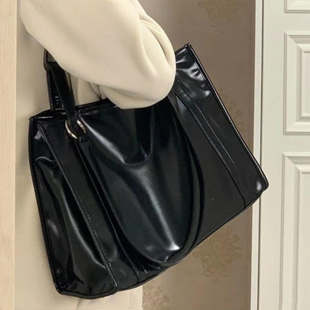 College Student Black Tote Bag Underarm Bag Large Handbag Trendy PU Leather Shoulder Bag  Shopping