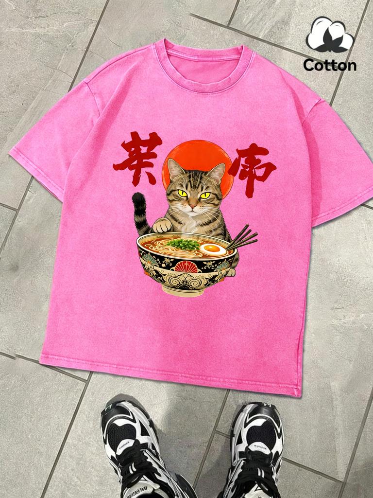 Cat That Likes To Eat Noodles Printed Washed TShirts Men Cotton Casual T Shirt Summer Clothing ONeck AllMatch Short Sleeve