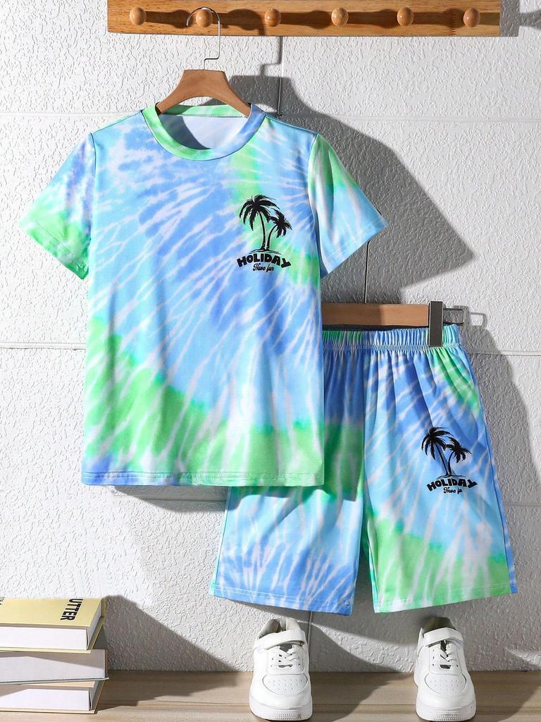 Boys Summer New Outdoor Casual Fashion Round Neck Tie Dye Short Sleeve Sports T-Shirt with Comfortable Shorts Daily Wear