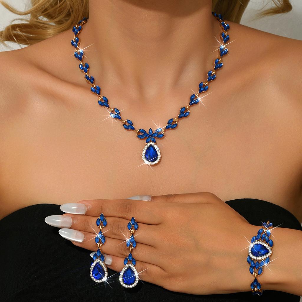 European and American Fashion Green Blue Red Rhinestone Necklace Earrings Bracelet Ring Set Full of Diamonds Four-piece Set 2026
