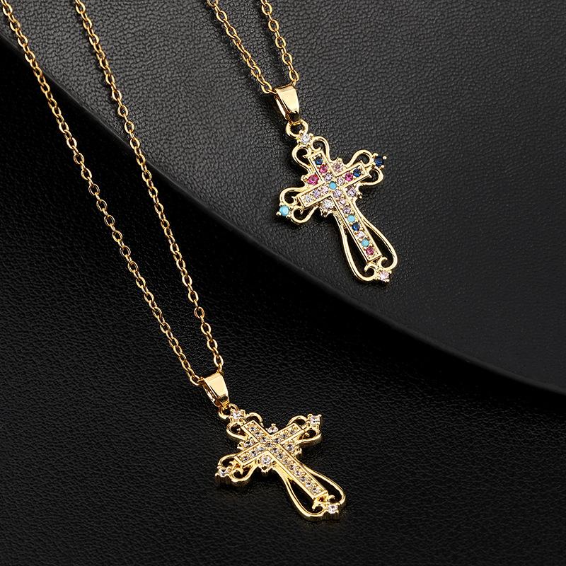Light Luxury Cross Necklace Niche Unique Colorful Zircon Pendant Necklace Fashionable Versatile High-end Necklace