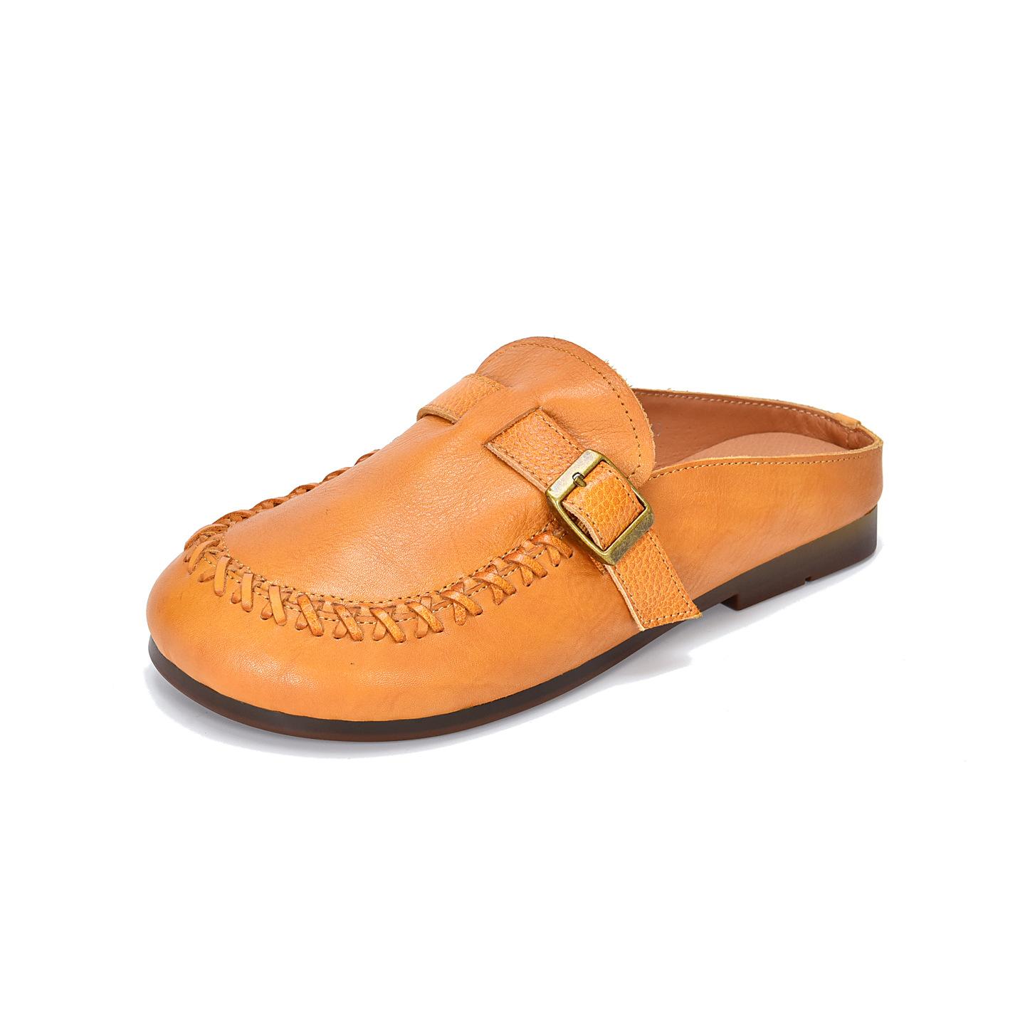 

Johnature Genuine Leather Outdoor Flat Slippers Retro Round Toe Soft Soled Women s Slip-on Shoes 40 жовтий