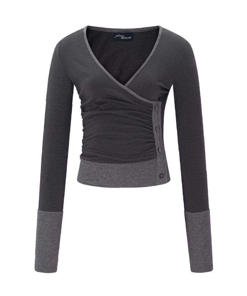 Peullijeunopallou Selena Button Wrap Long Sleeve Top (Charcoal)