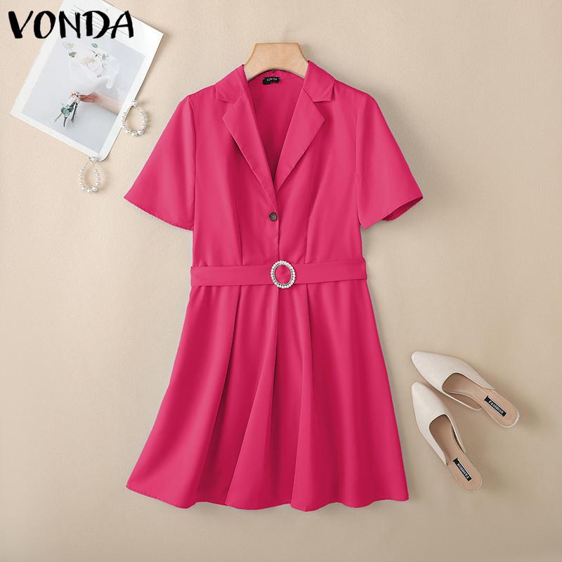VONDA Women Elegant Short Sleeve Belt Casual Mini Pleated Dress
