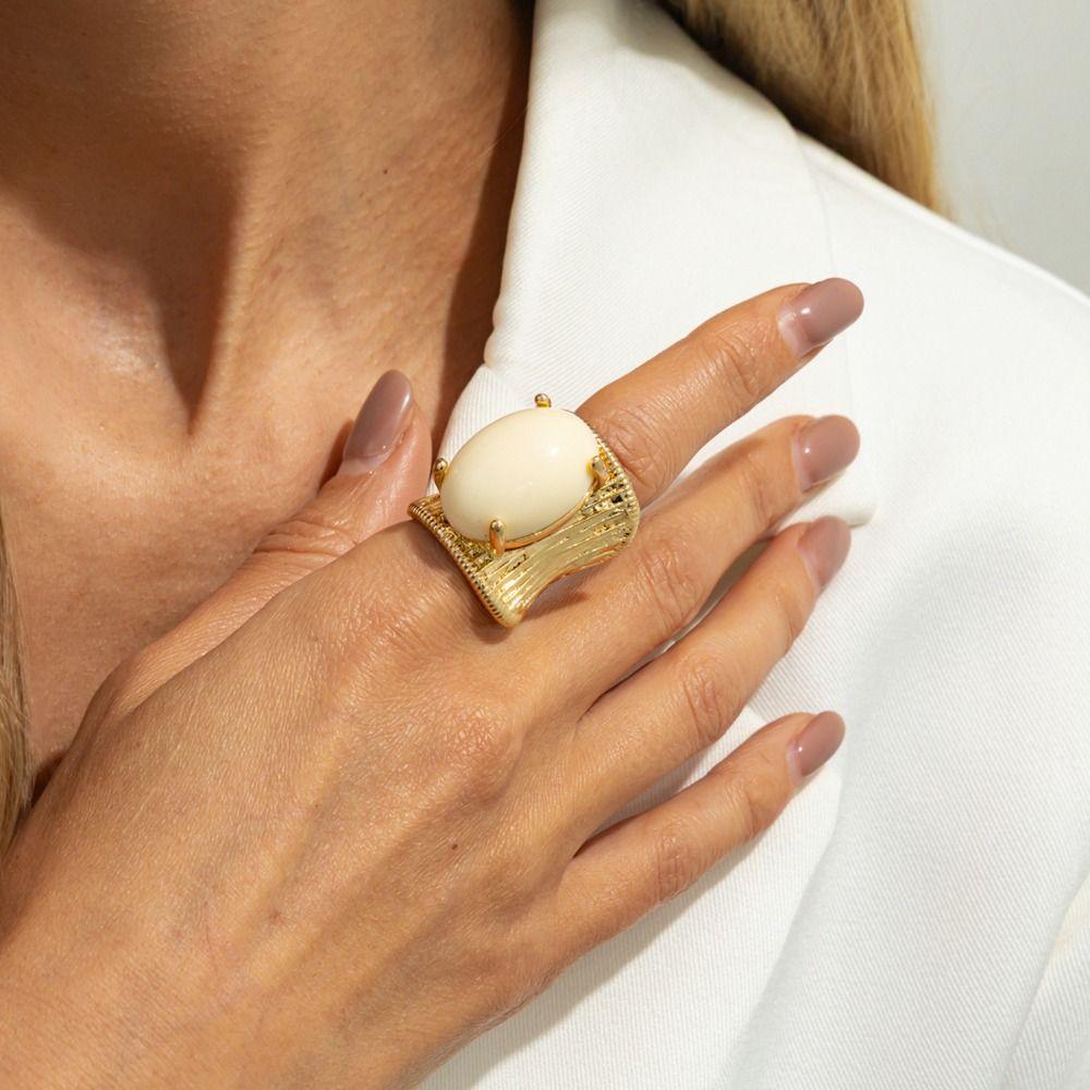 Alloy Chunky Metal Ring Exaggerated Imitation Gemstone Wide Surface Ring Metal Stripe Vintage Style Opening Ring Jewelry Gift