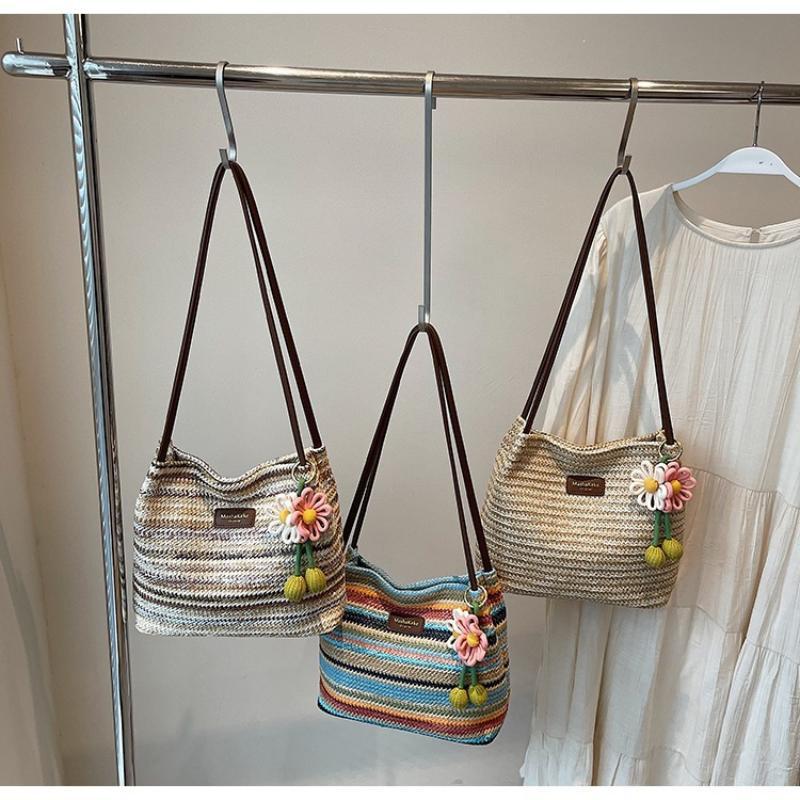 Fashionable Woven Straw Women'S Shoulder Bag Large Capacity Tote Bag Summer Holiday Style Polyester Material Bag