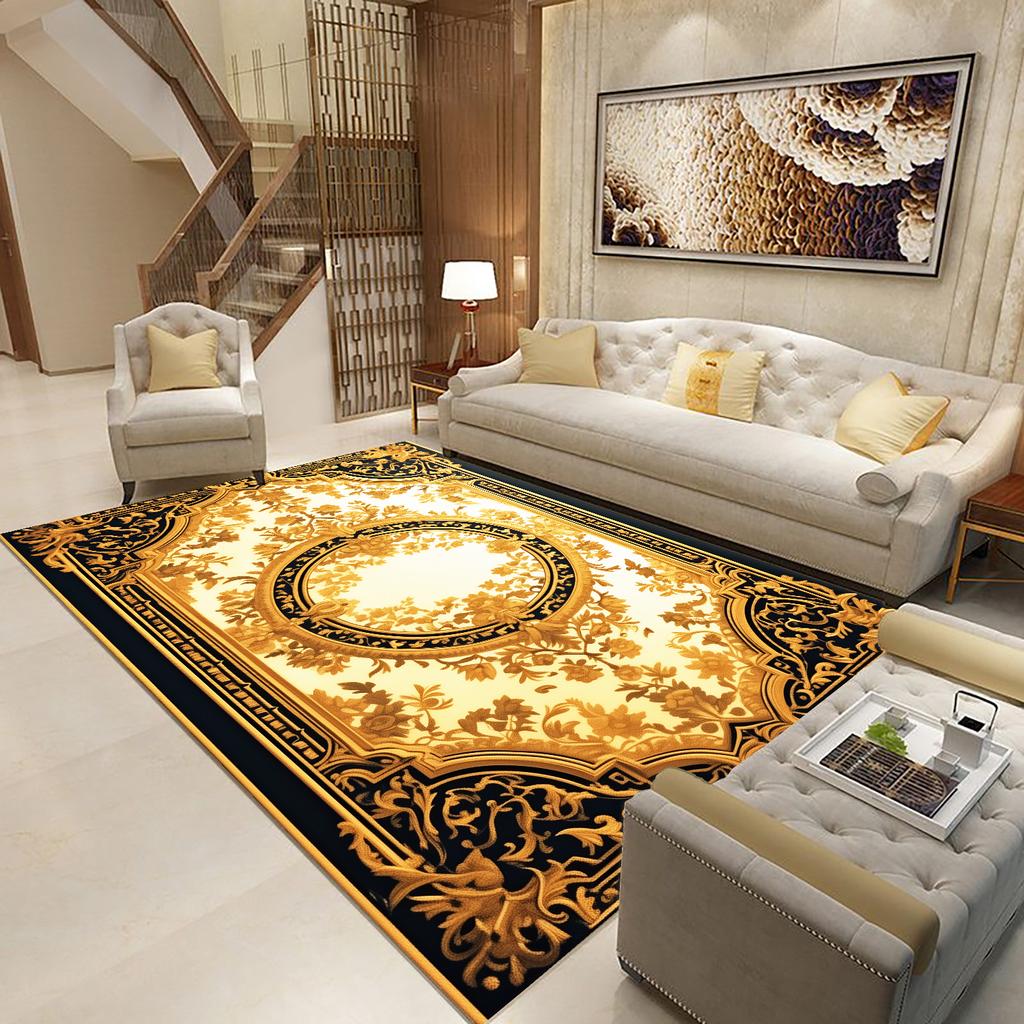 Goldener Schwarzer Teppich für Wohnzimmer Luxus Große Fläche Dekoration Bodenmatte Moderne Teppiche Rutschfest Weich Waschbar Schlafzimmer Lounge Teppich