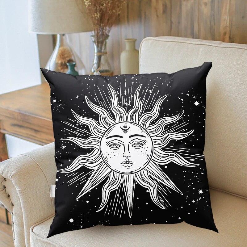 Tarotkarte Sonne Mond Sterne Schwarzweiß Mandala-Druck Kissenbezug Mysterium Wahrsagerei Dekoration Sofa Heimdekor Kissenbezug