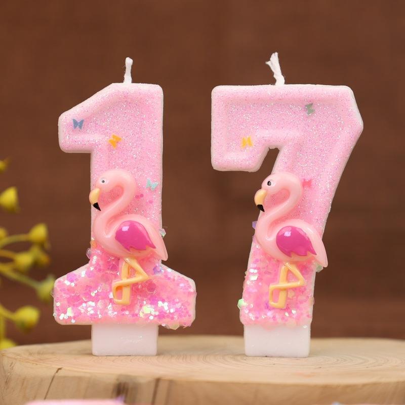 Pink Glitter Birthday Number Candles with Flamingos 1 Year Baby Birthday Cake Decorations