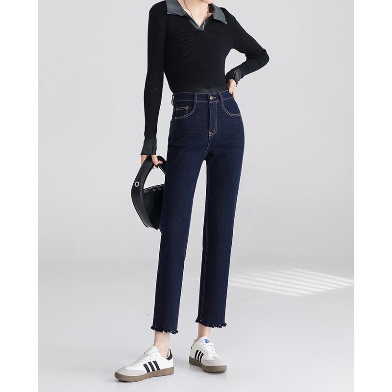 

Не выцветающие джинсы для женщин Весна Новые С высокой талией, стройнящие, Длина девять точек, Прямые штанины, Брюки-бунгало 3XL