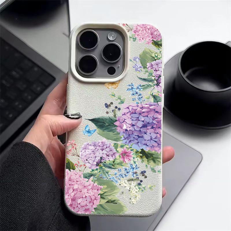 

Чехол для телефона с текстурой из матовой кожи с фиолетовым цветочным принтом для iPhone 16 Pro 15 Pro Max 14 13 12 11, тонкий противоударный мягкий бампер из ТПУ iPhone 15 Pro Max