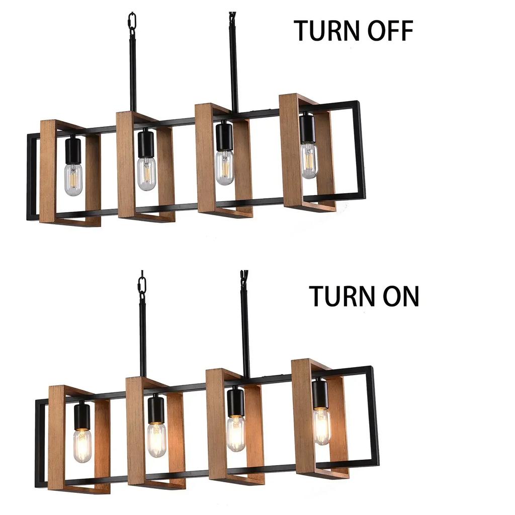 Rustic 4-Light Wood Pendant Chandelier – Farmhouse Ceiling Lamp for Dining, Island, & Living Room