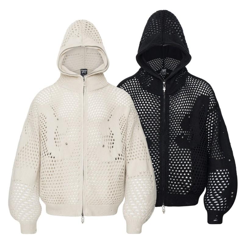 Unisex Retro Dark Knit Hooded Cardigan With Cutout Detail Lightweight Fall Sweater Youth