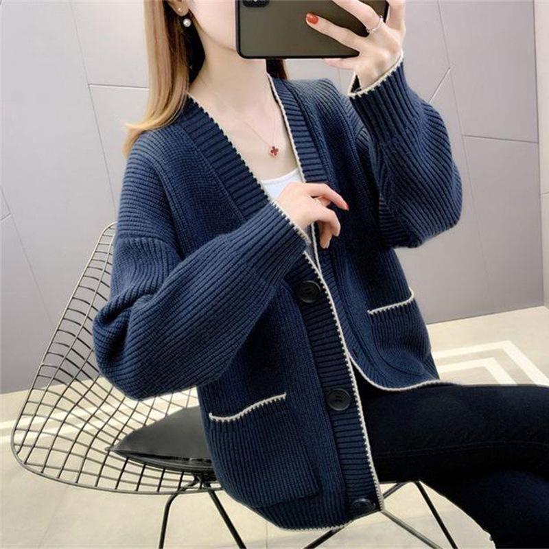 

Женский однотонный повседневный вязаный кардиган большого размера - Осенняя коллекция One size темно-синий