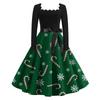 Women's Fashion Retro Long-sleeved Square Collar Christmas Printed Evening Dress