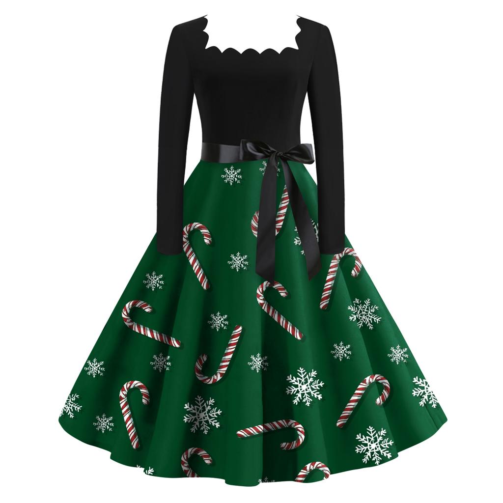 Women's Fashion Retro Long-sleeved Square Collar Christmas Printed Evening Dress